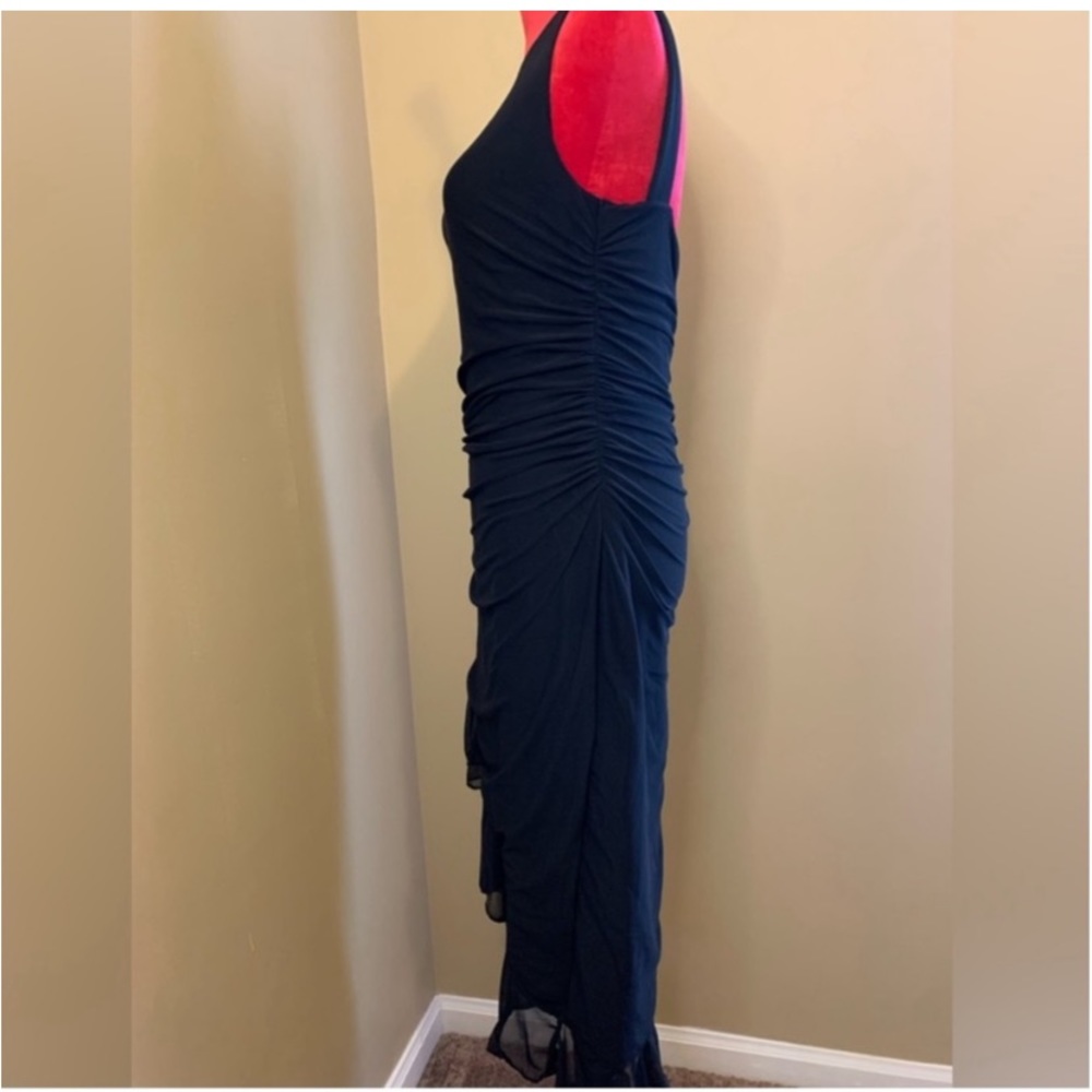 BLACK ASYMMETRICAL RUFFLE HEM RUCHED DRESS - Picture 8 of 12